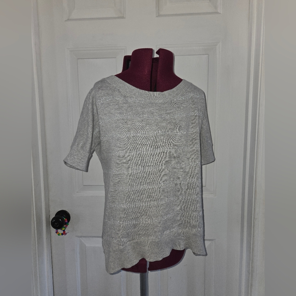 Banana Republic Gray Knit Short Sleeve Tinsel Striped Cotton Blend Sweater XS